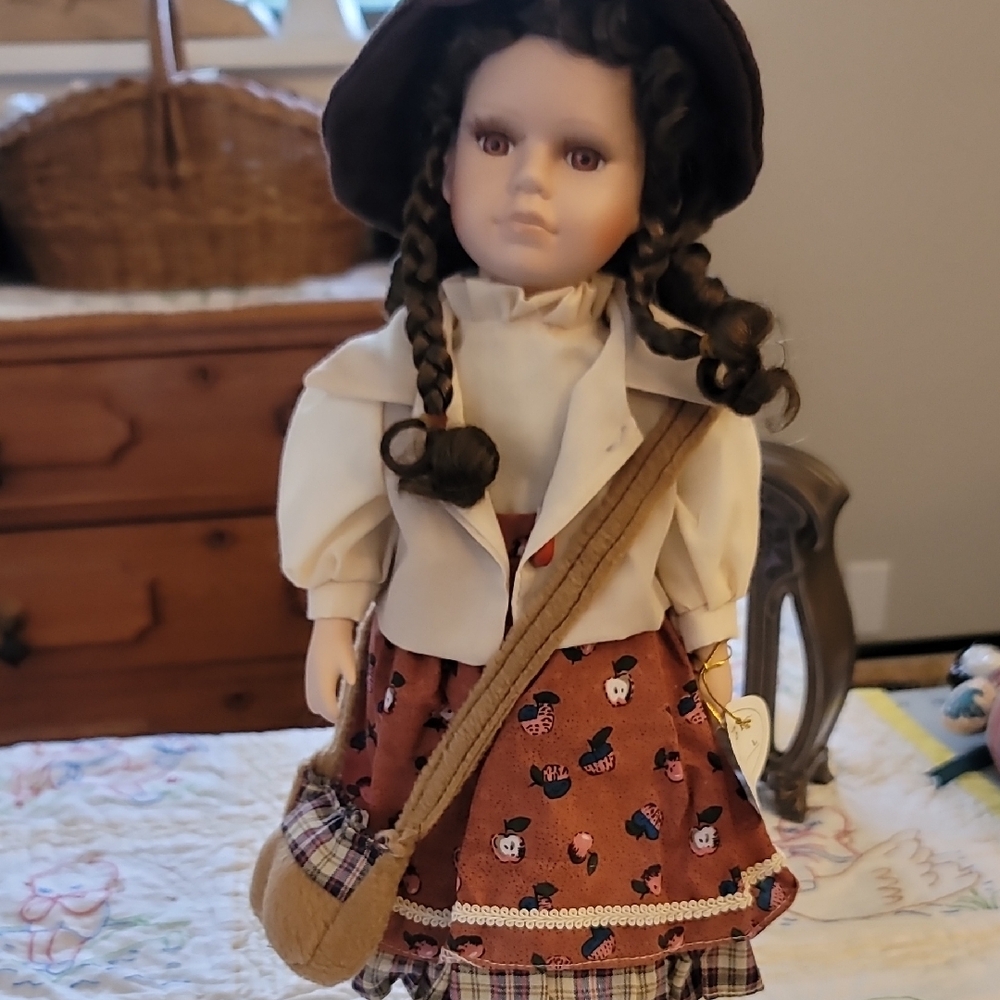 Charming Handmade Porcelain Doll with Brown and White Outfit